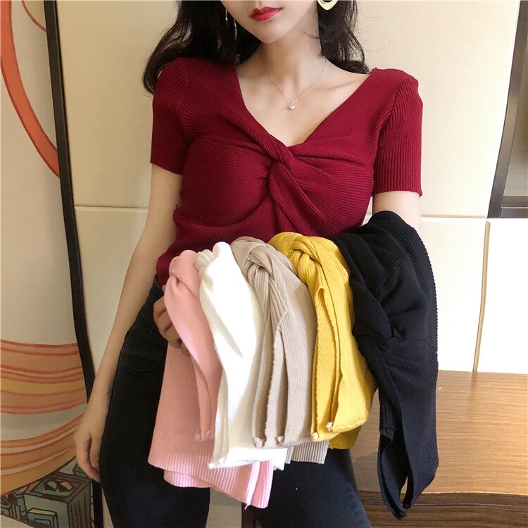 ブルゴーニュvネック半袖鎖骨トップ女性の2020年春と夏の新しい結び目半袖セーター 1号婦人47815894