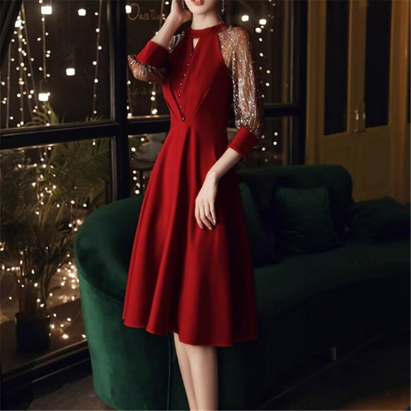 ドレス ミモレ丈ドレス ミモレ ミモレ丈 袖あり 長袖 ハイウエスト ビーズ かわいい 大人可愛い きれいめ シンプル 大人 上品 おしゃれ お洒落 大人可愛い 大人女子 ラブリー キュート ガーリー 個性的 クール セクシー エレガント 華やか 上品 お姫様 お嬢様 清楚 無地 20代 30代 レディース お出かけ パーティー イベント 韓国 韓国系 オルチャン ファッション コーデ 美脚 脚長 春 秋 二次会 2次会 お呼ばれ パーティ S M L XL 2XL 赤