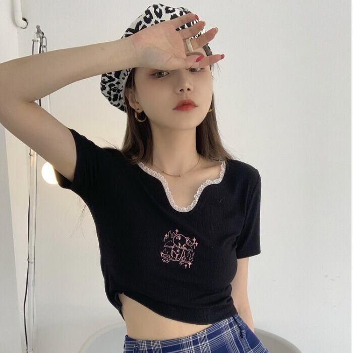 ブラウス スタイルスリムショートサマーハイウェストTシャツ 夏物 モンロー19736659604