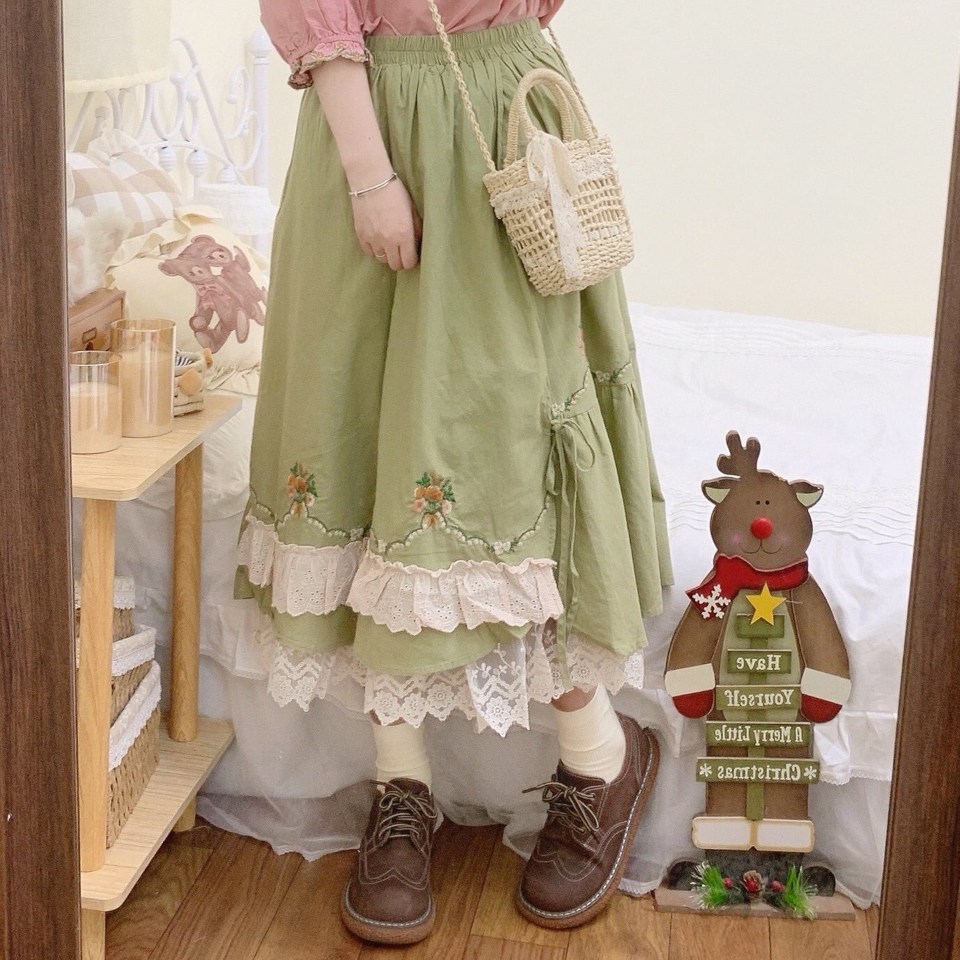 スカート ワンピース グリーン 森ガール ピンク ワンピース 花柄