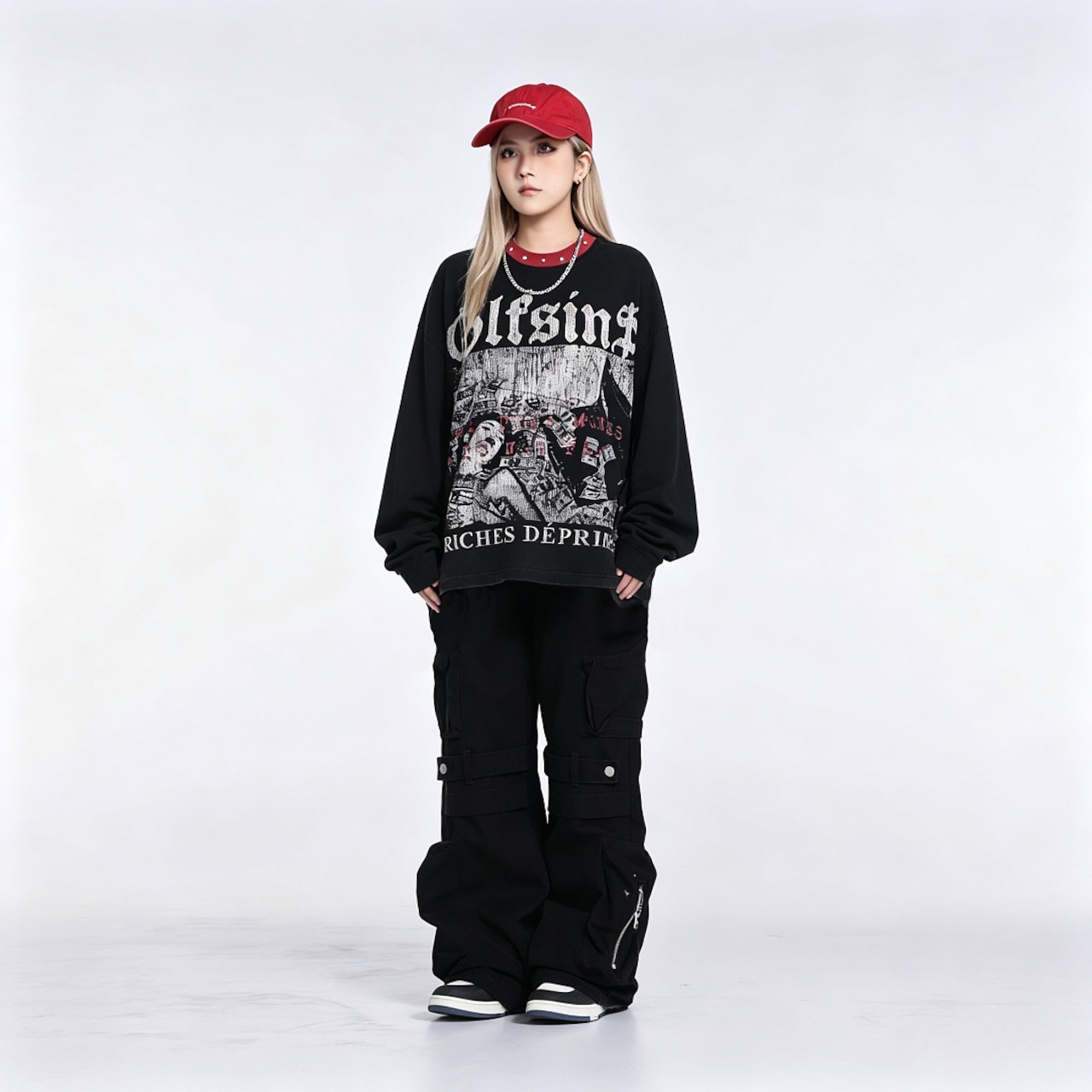 VINTAGE ストリート スタッズネック プリントワッフルロングTシャツ T2226