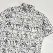 80s 90s ハワイ製 ヌードタグ reyn spooner レインスプーナー ハイビスカス 裏地使い BD ハーフボタン 半袖 アロハシャツ S/ブルー×ホワイト ビンテージ