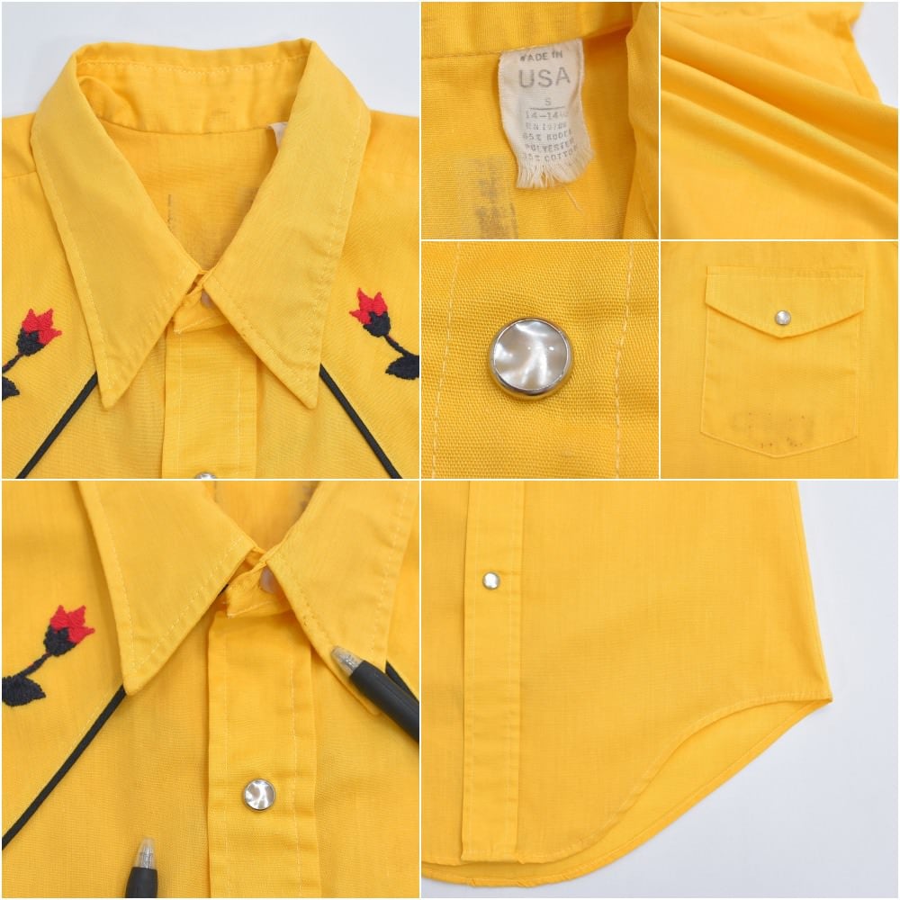 70s USA製 薔薇刺繍 パイピング デザイン 半袖ウエスタンシャツ Rau