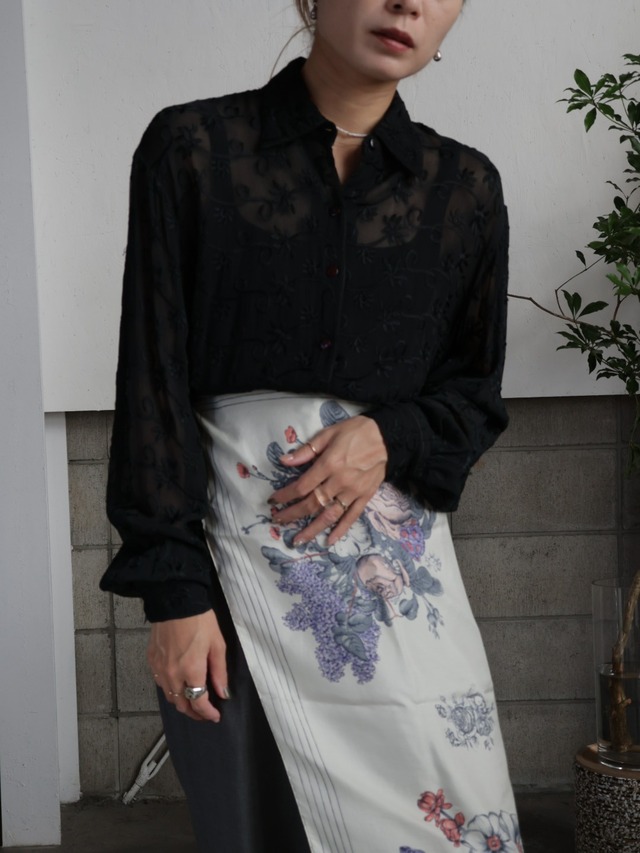 ＜vintage＞embroidery see  through shirt