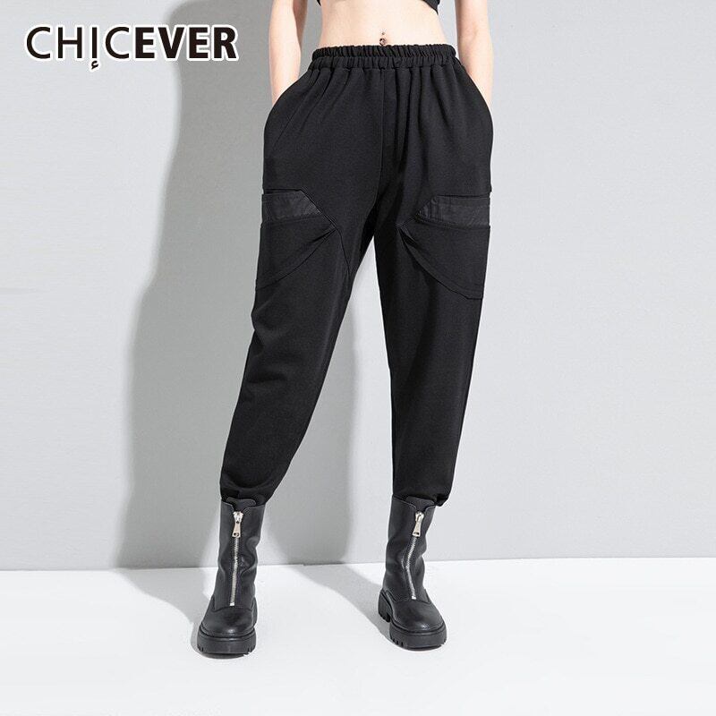 CHICEVERブラックハーレムパンツレディースウエストパッチワークポケット厚手のフルレングスパンツ2020秋 オータム 秋物 6base579539765724
