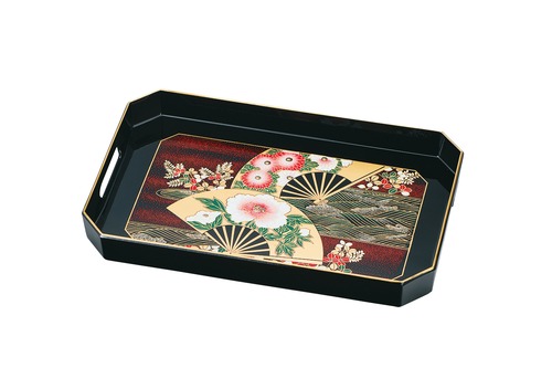 36-5212 12.0持手付長手盆 黒 秋草 Black Tray with Handle Flower and Fan