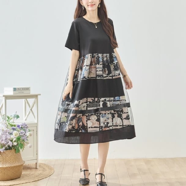 ワンピース フォトプリント 切替 シネマ風 コラージュ レイヤード風 N82-606 ベージュ TRUBE ミセスM L fmsd フレア ゆったり きれいめ 半袖 上品 ミセス 春夏 おしゃれ 体型カバー