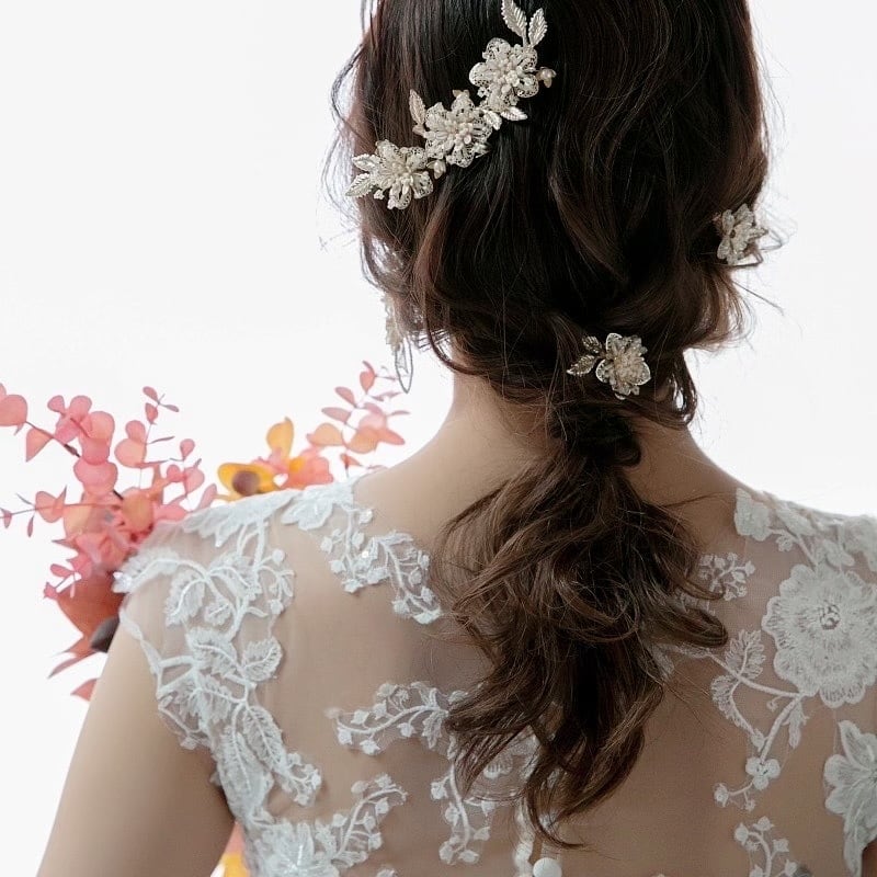 H-148 ウェディング アクセサリー【小枝 メタルレース フラワー 3P ヘッドドレス】ブライダル 髪飾り