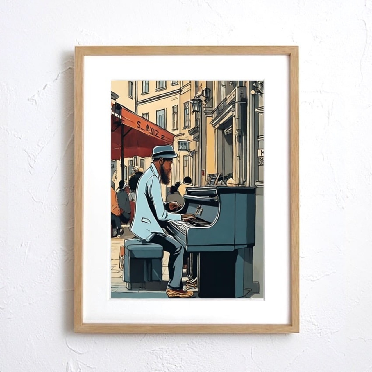 Street Musician|街角のピアノと大人の渋さを描くジャズアートポスター||音楽好きに響くモダンアートA3ポスター