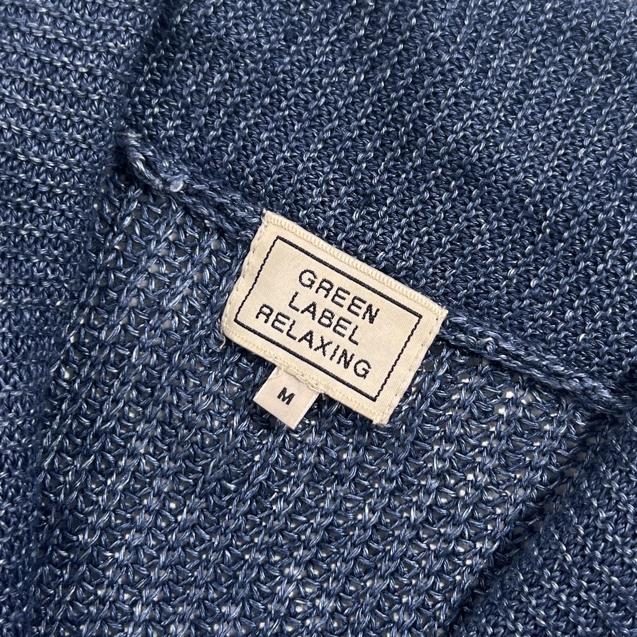 リネン100% green label relaxing グリーンレーベル ショールカラー メッシュ ニット カーディガン M/ネイビー系