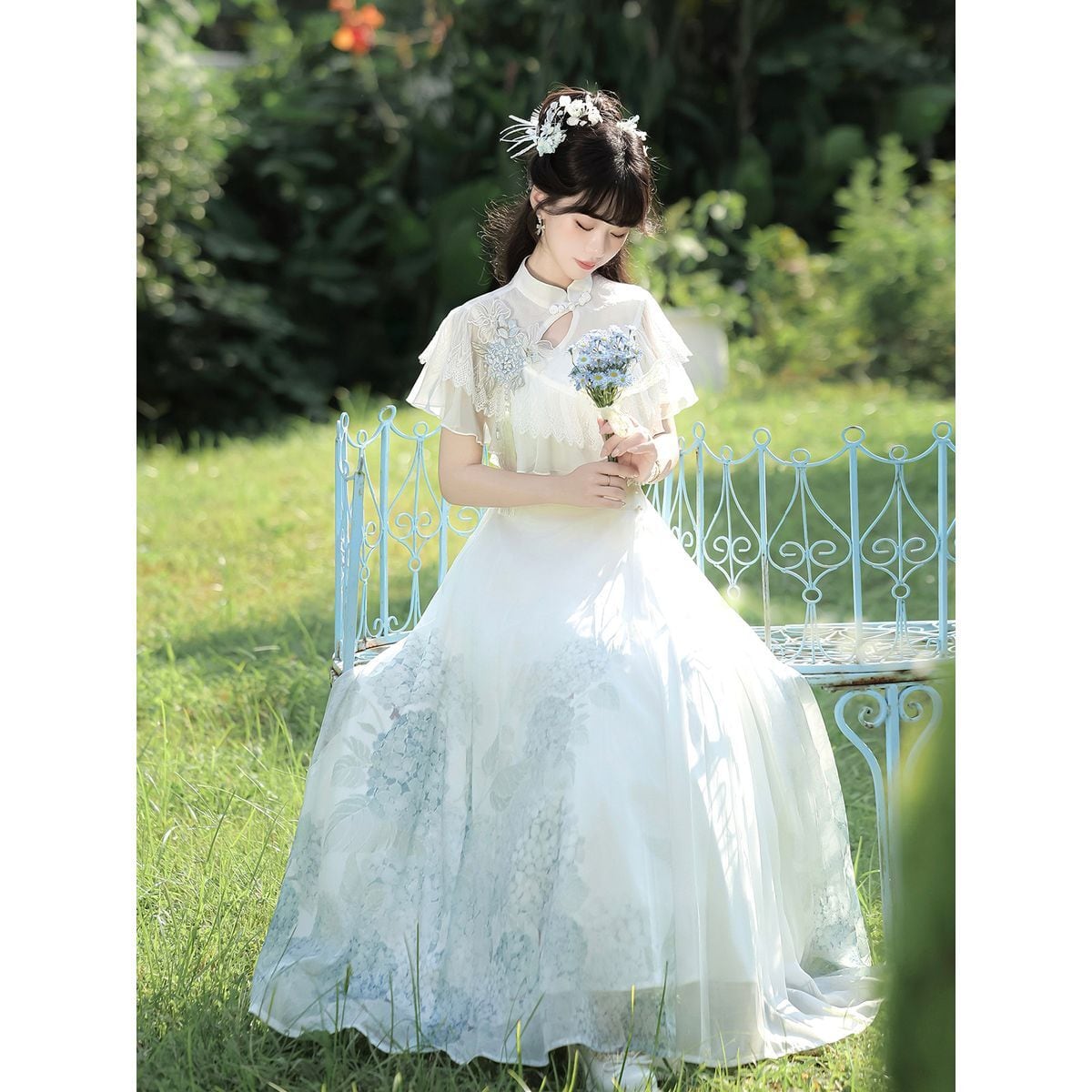 月白紫陽花フリルロングドレス | Maiden's Rêve