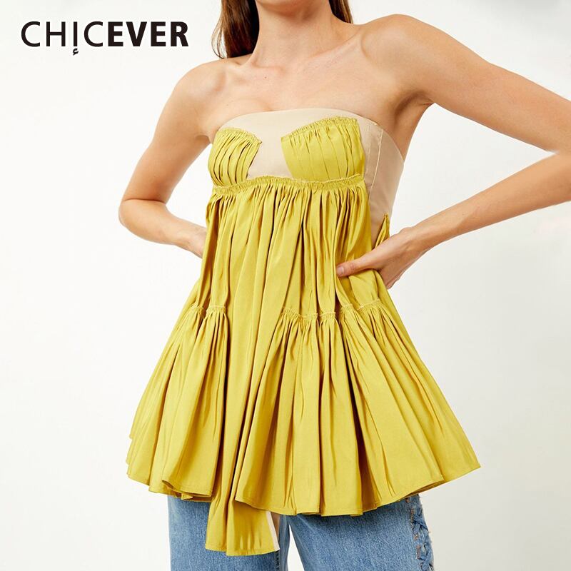 CHICEVERセクシーなストラップレスベスト女性ノースリーブオフショルダー非対称シャーリング裾ソリッドベスト2021夏 サマー 夏物 ソリッドカラー 6base559164869089