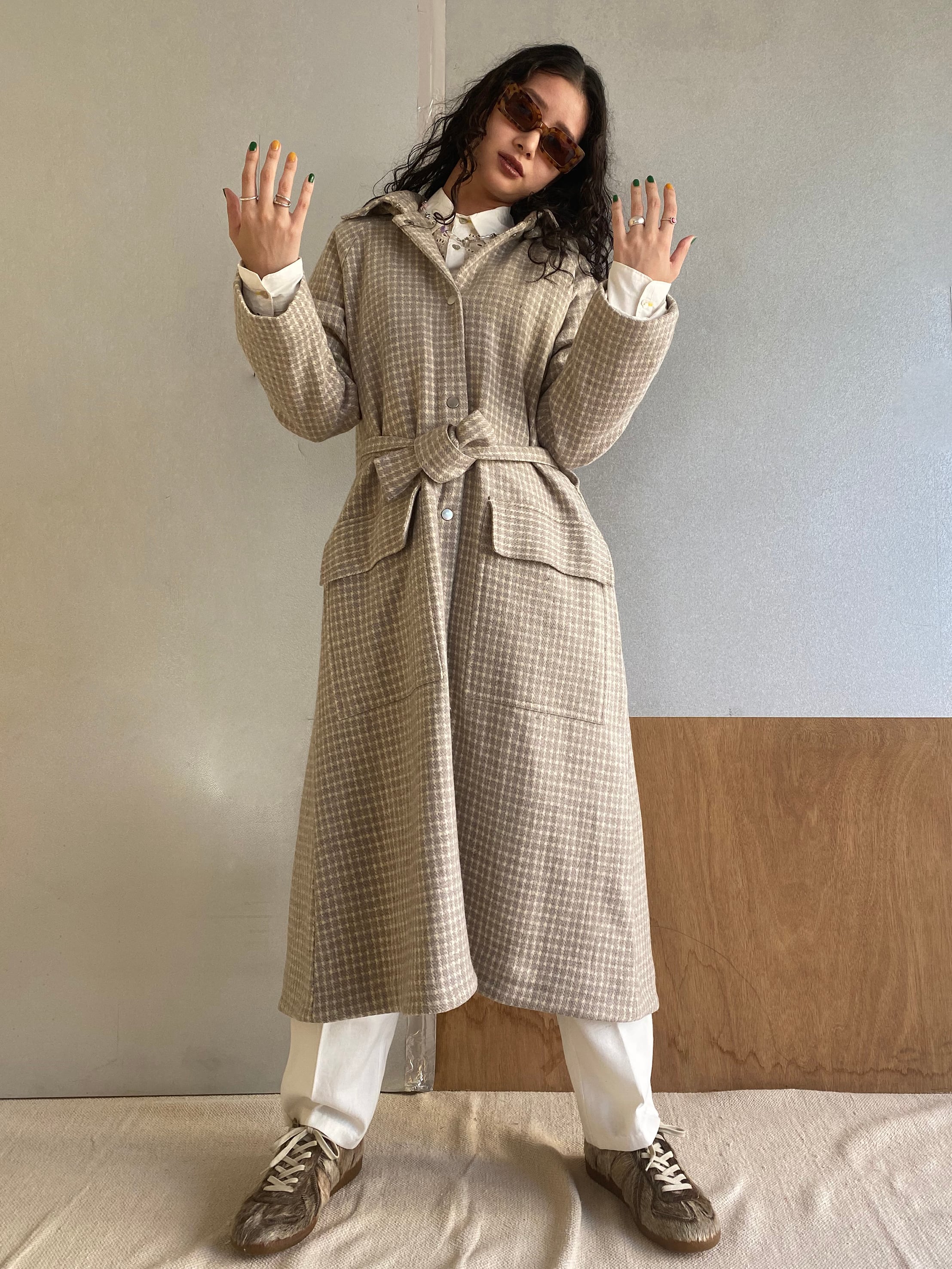 Raglan sleeve fooded coat "Ice gray hound's-tooth check"khadi wool