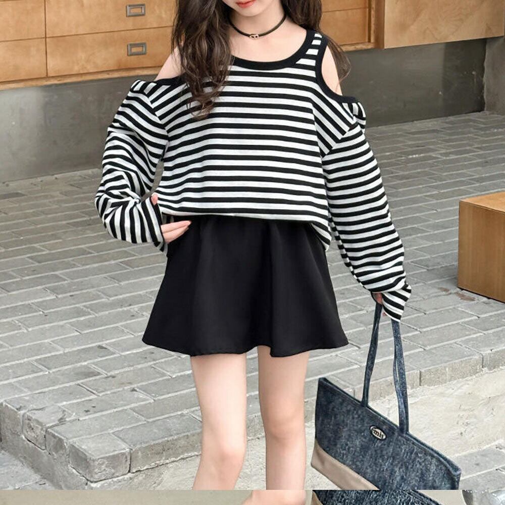 【送料無料】 子供服 女の子 肩開き スウェット シャツ 長袖 春秋 韓国 おしゃれ ボーダー柄 オフショルダー かわいい カジュアル 小学生 キッズ ゆったり 韓国ファッション 大人可愛い 大人女子