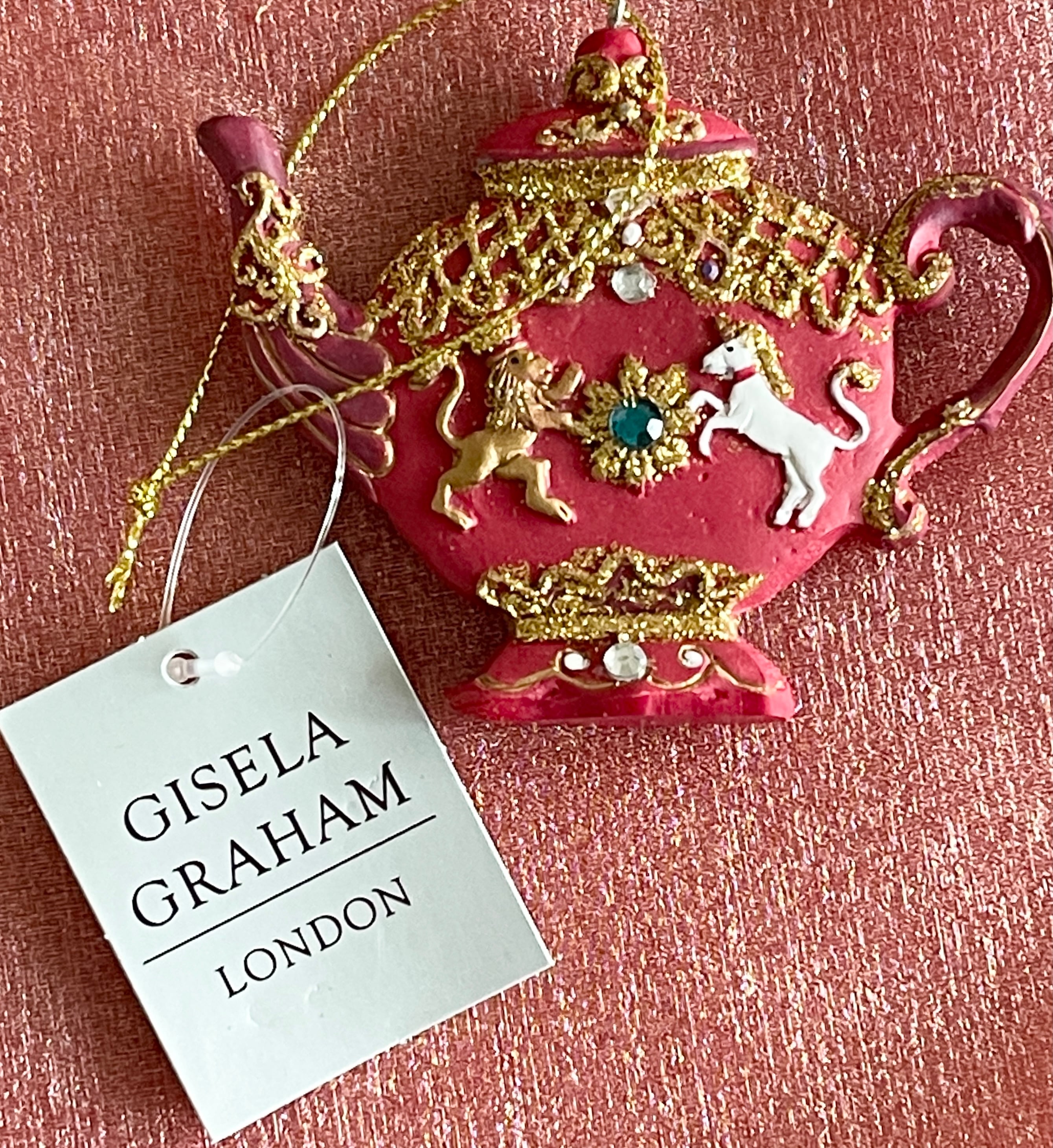 『Gisela Graham』London ティーポットオーナメント『レッド』薄型　イギリス製