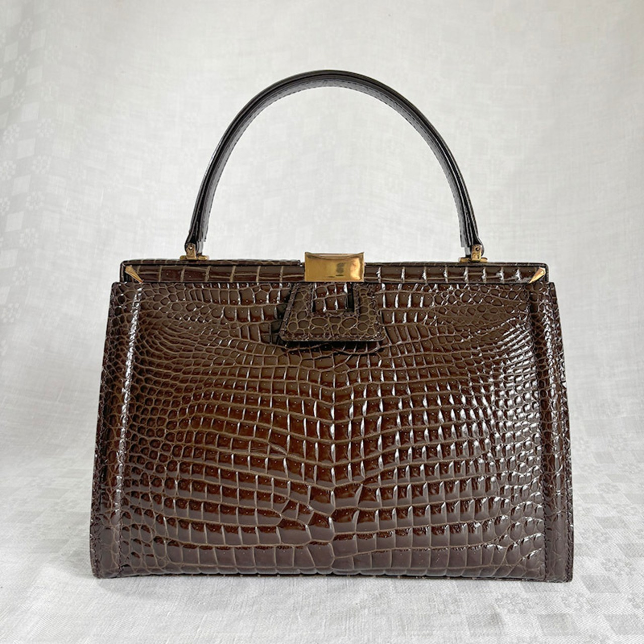 ハンドバッグ　クロコダイル　ブラウン　ハンドル修理済み　レトロ　大型バッグ　12acdu11
