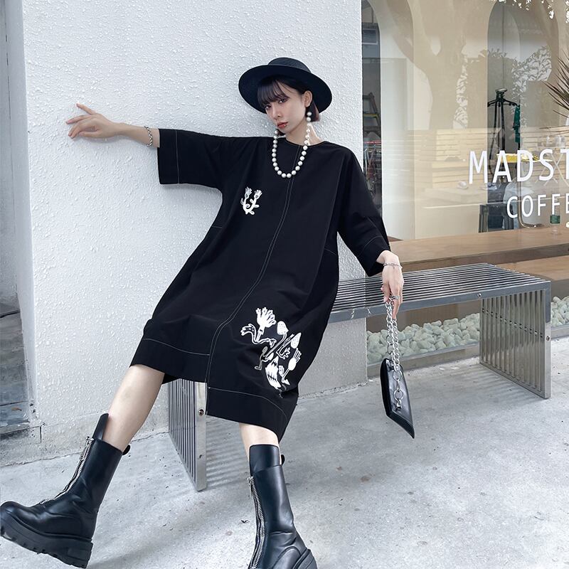 ドレス オータムルーズ薄手プリント柄スリーブスカート 秋物 ラブタオタオダレンハウス55925658749