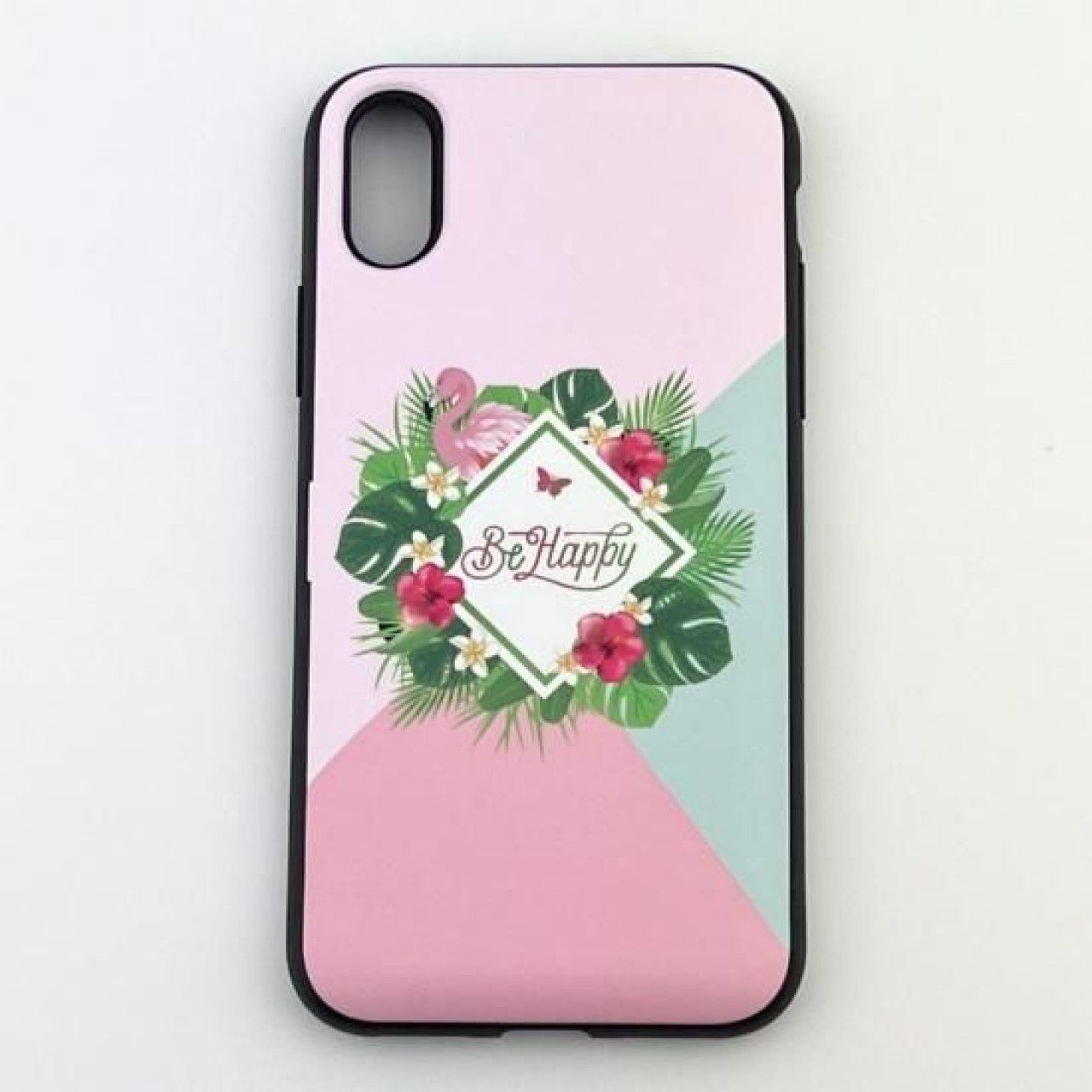 iPhone X XS スマホケース ピンク ミラー付き スタンド フラミンゴ ボタニカル柄 鏡付き