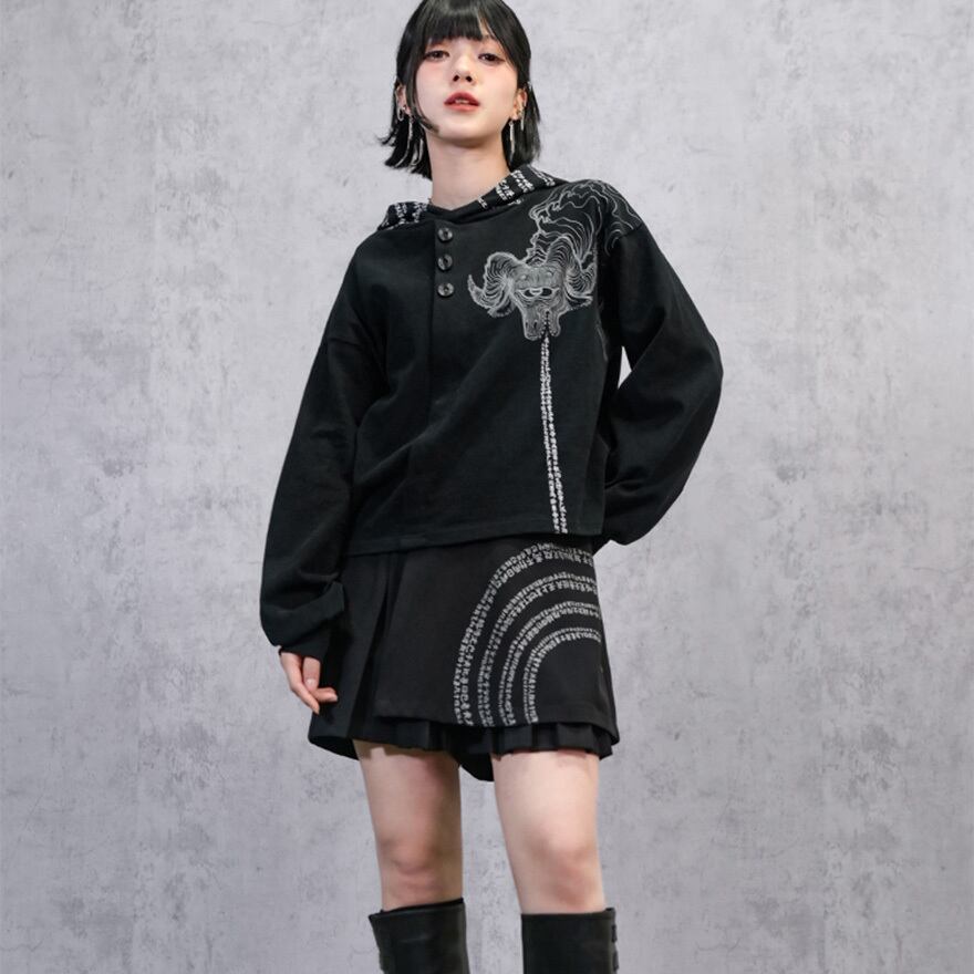 中華ゴシック 古怪舎 スカート プリーツ レイヤード 漢字 プリント 中華系ファッション 30代ファッション 夏服