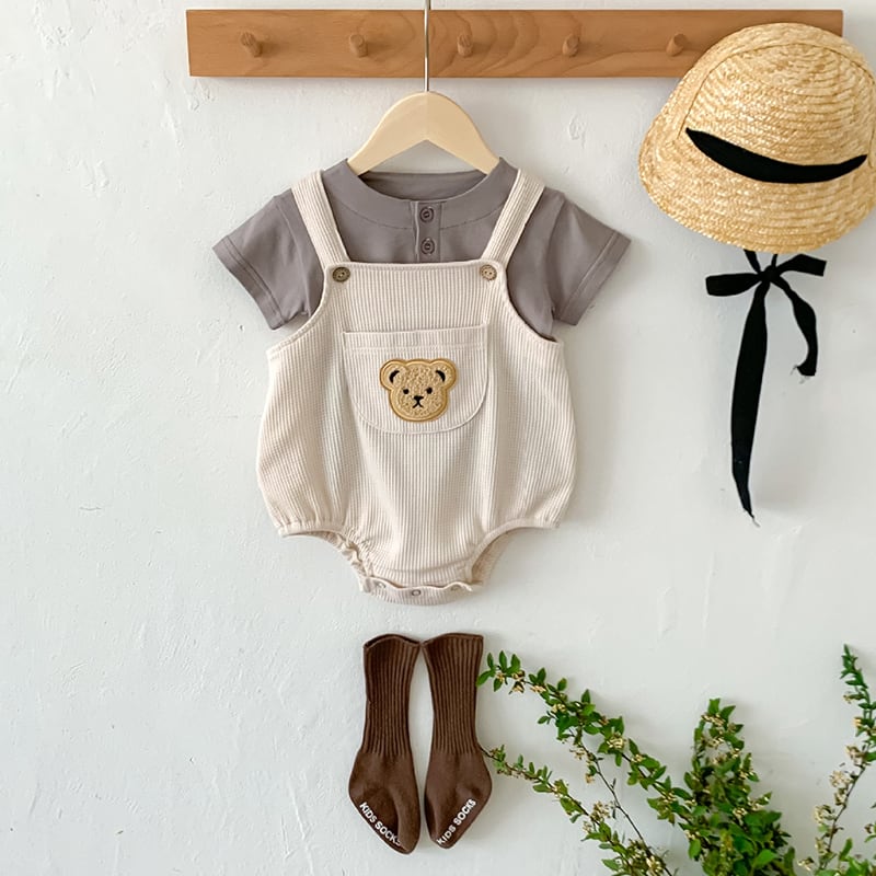 BABY】夏作ワッフルくまちゃん刺繍サロペットロンパース | 韓国子供服
