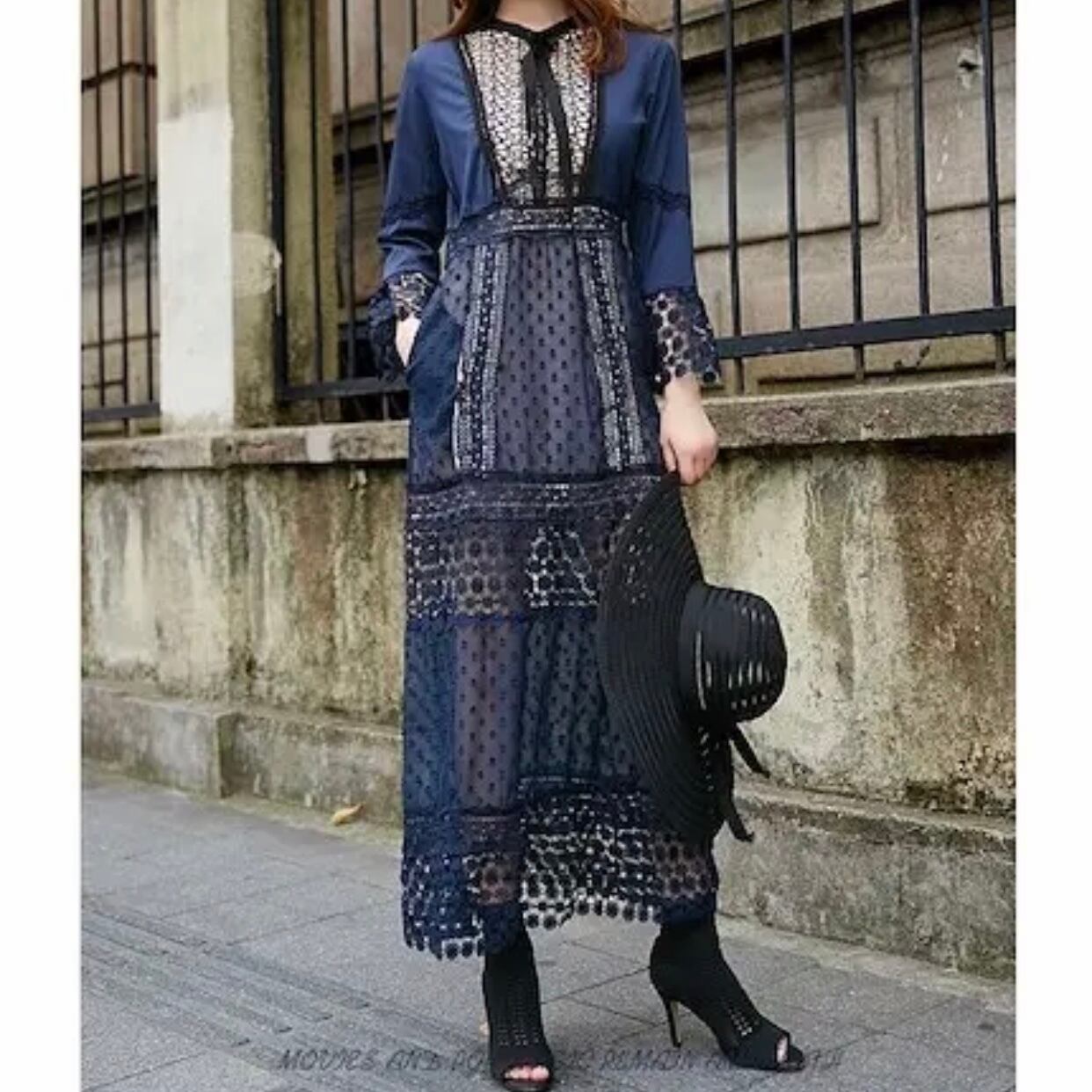 ネイビー パンチングレース ロングワンピースドレス 9style