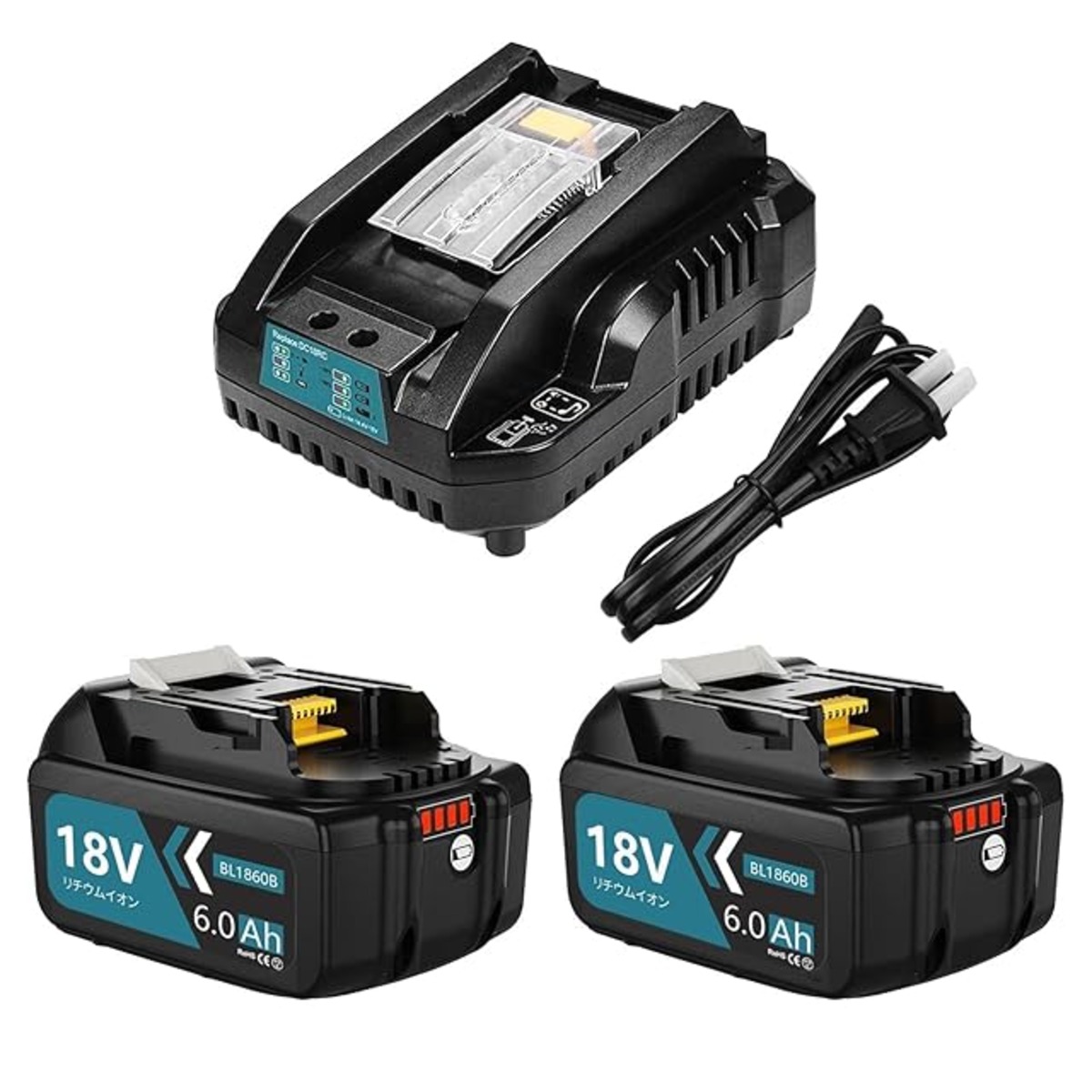VANKO 互換 マキタ 18v バッテリー BL1860B 6000mAh大容量 2個付き マキタ 18v バッテリー 充電器セット ...
