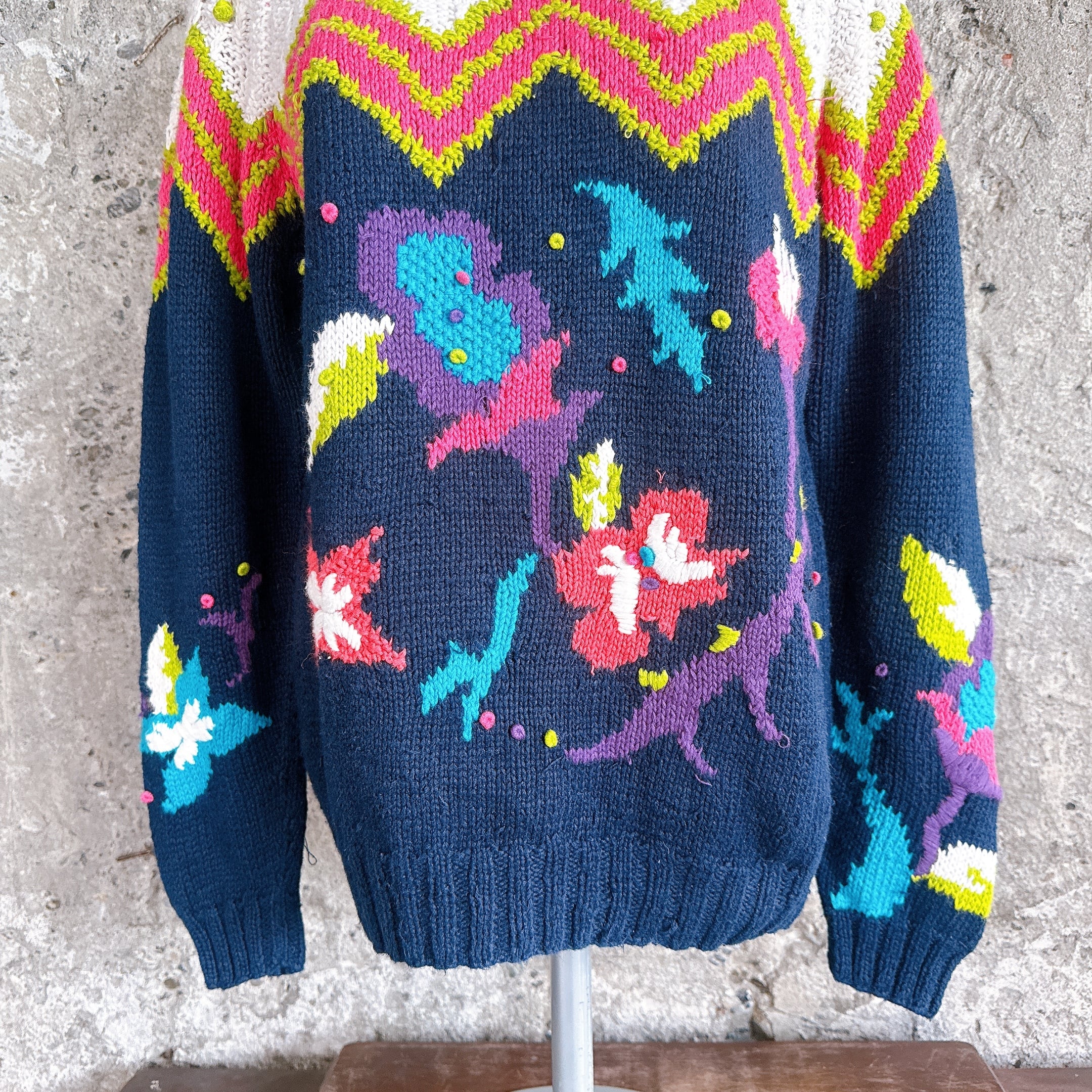 KNITTED BY HAND フラワーニットセーター カラフル | 古着屋 VISIONCO