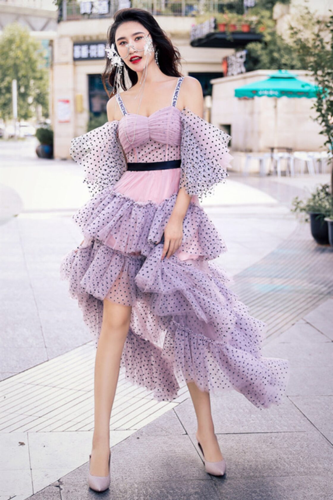 上品！パーティードレス 紫 キャミソール プリンセスライン ロング  