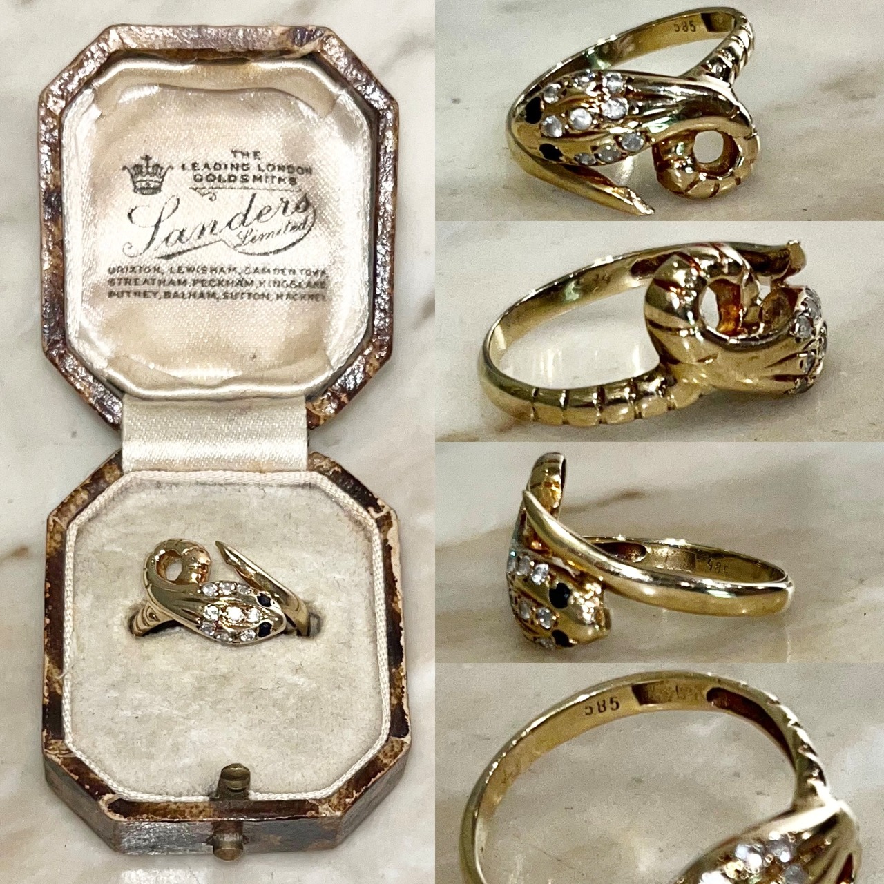 vintage 14ct gold sappire&diamond snake ring