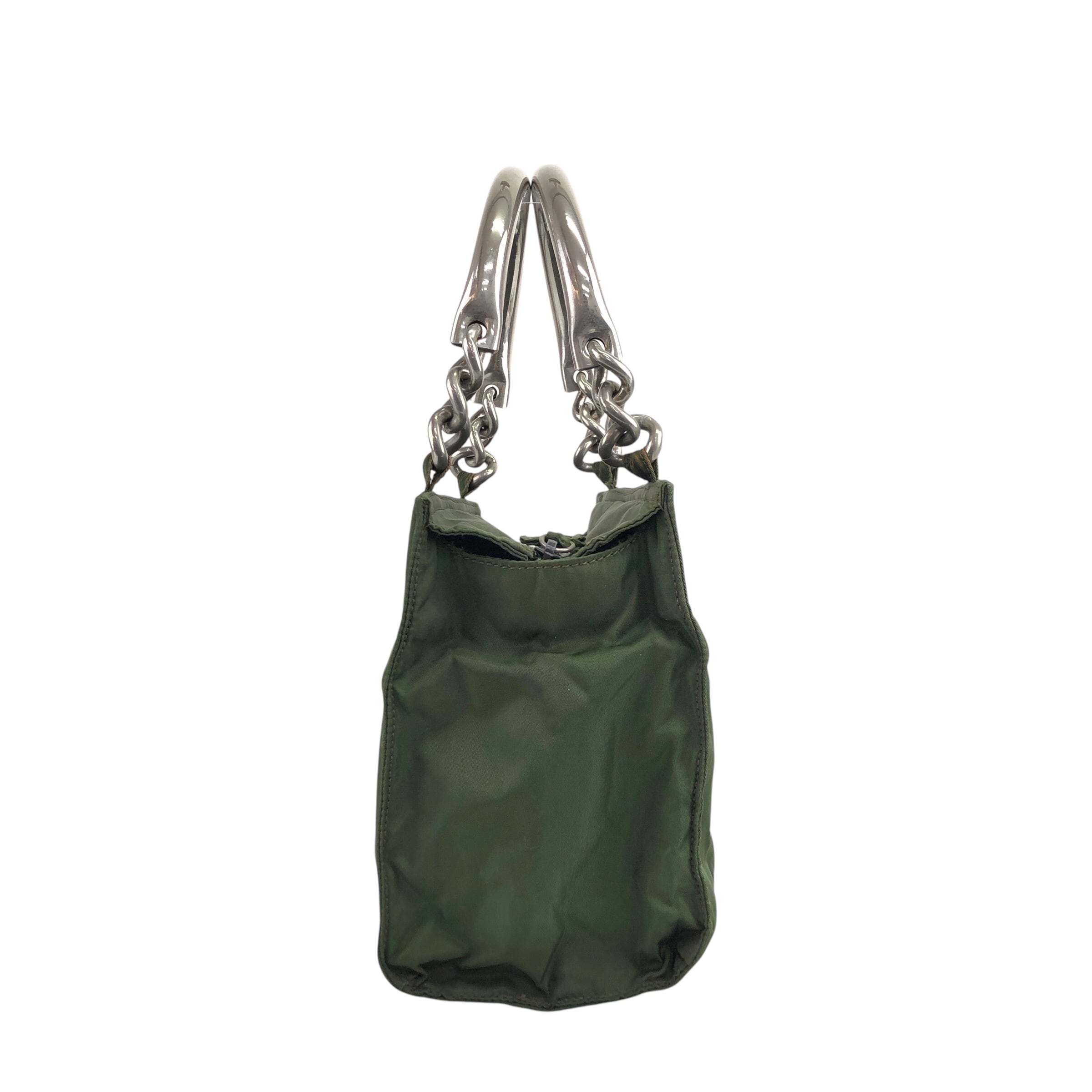 PRADA プラダ ナイロン メタルハンドル　ワンショルダーバッグ　グリーン系 PRADA プラダ ハンドバッグ グリーン トライアングルロゴ ナイロン