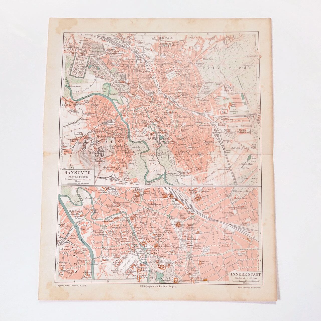 ドイツ ハノーバー アンティークマップ 古地図 ヴィンテージペーパー 図版 マイヤー百科事典 1957 21 Backlane