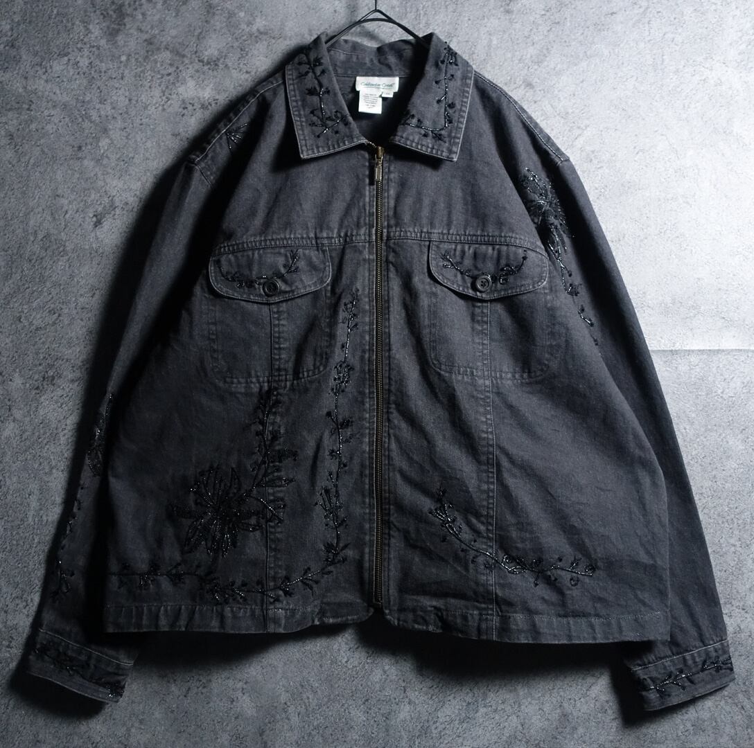 Black Flower Motif Embroidery Lame Design Short Length Denim Zip Jacket