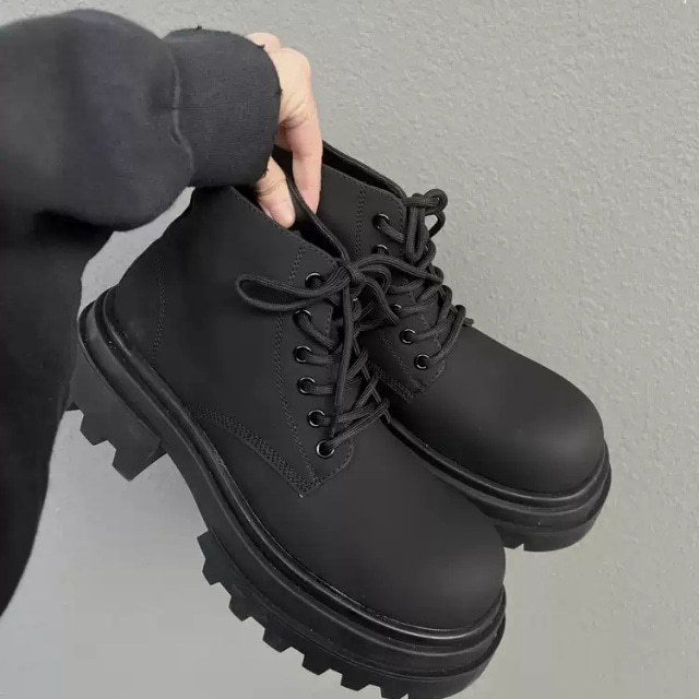 【予約販売】ブーツ 編み上げ マット シンプル ベーシック 靴 ブラック 黒 ハイカット お洒落 韓国 トレンド カジュアル 24cm/24.5cm/25cm/25.5cm/26cm/26.5cm/27cm