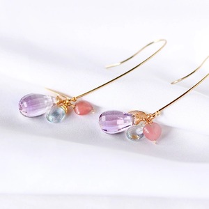 大粒アメトリンの雫ロングピアス アクアマリンとハートクォーツ / 14kgf