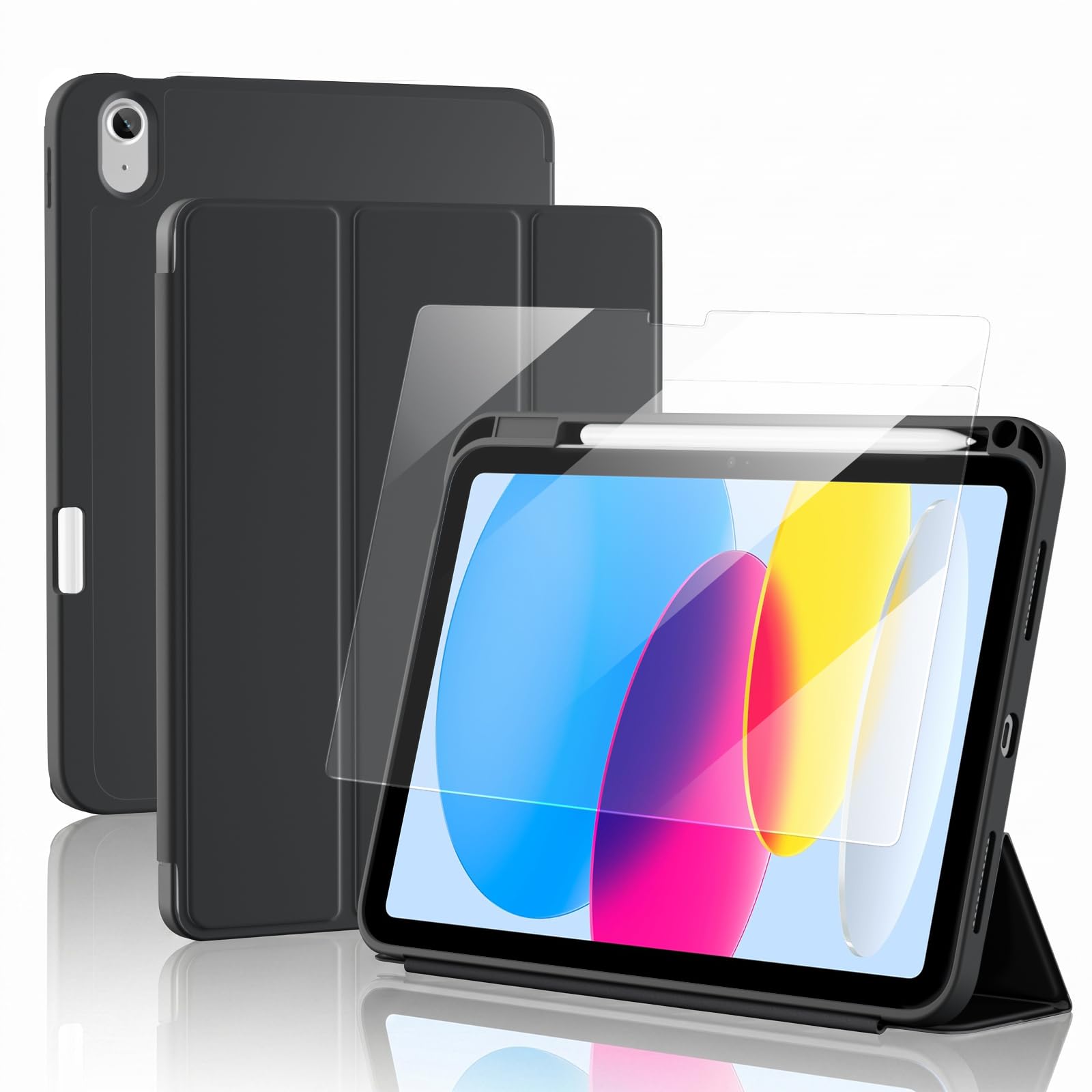 ProCase iPad A16 第11世代 11インチ 2025 / 第10世代 10.9インチ 2022用 ケース スクリーンプロテクター Pencilホルダー付き ソフトTPU背面 保護カバー Touch ID対応 自動スリープ/ウェイク機能 - ブラック