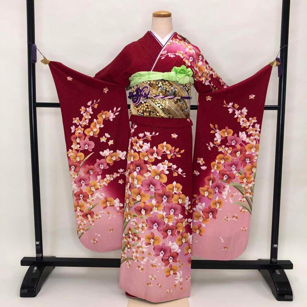 正絹☆赤ピンクの着物に黒の袋帯セット 頼ん 