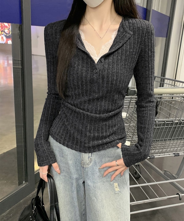 レース付リブニットトップス