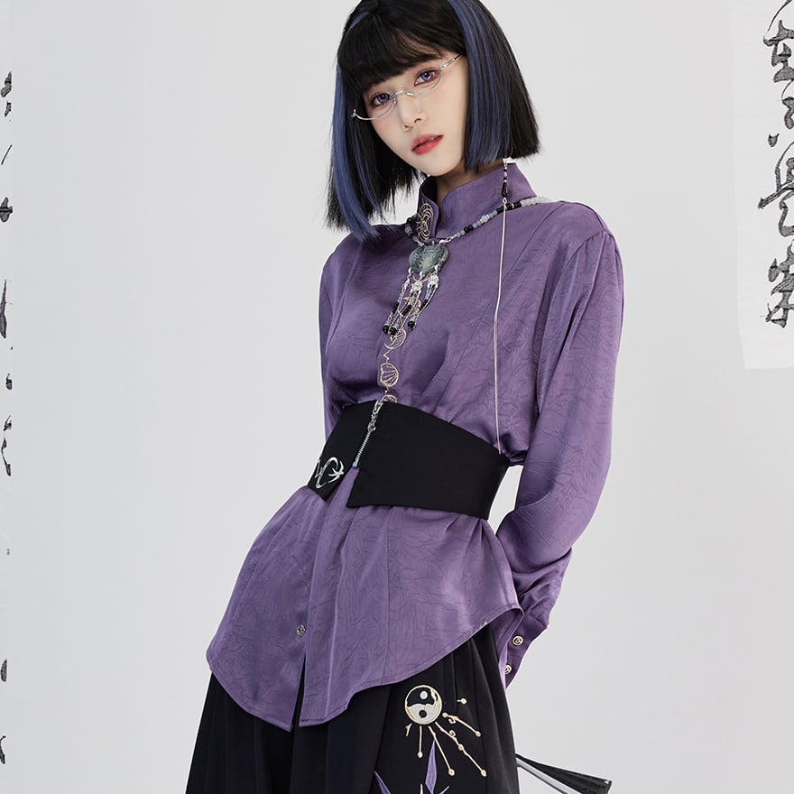 サブカル系 中華風 ムーンフェイス 刺繍 長袖シャツ ユニセックス 卿棠