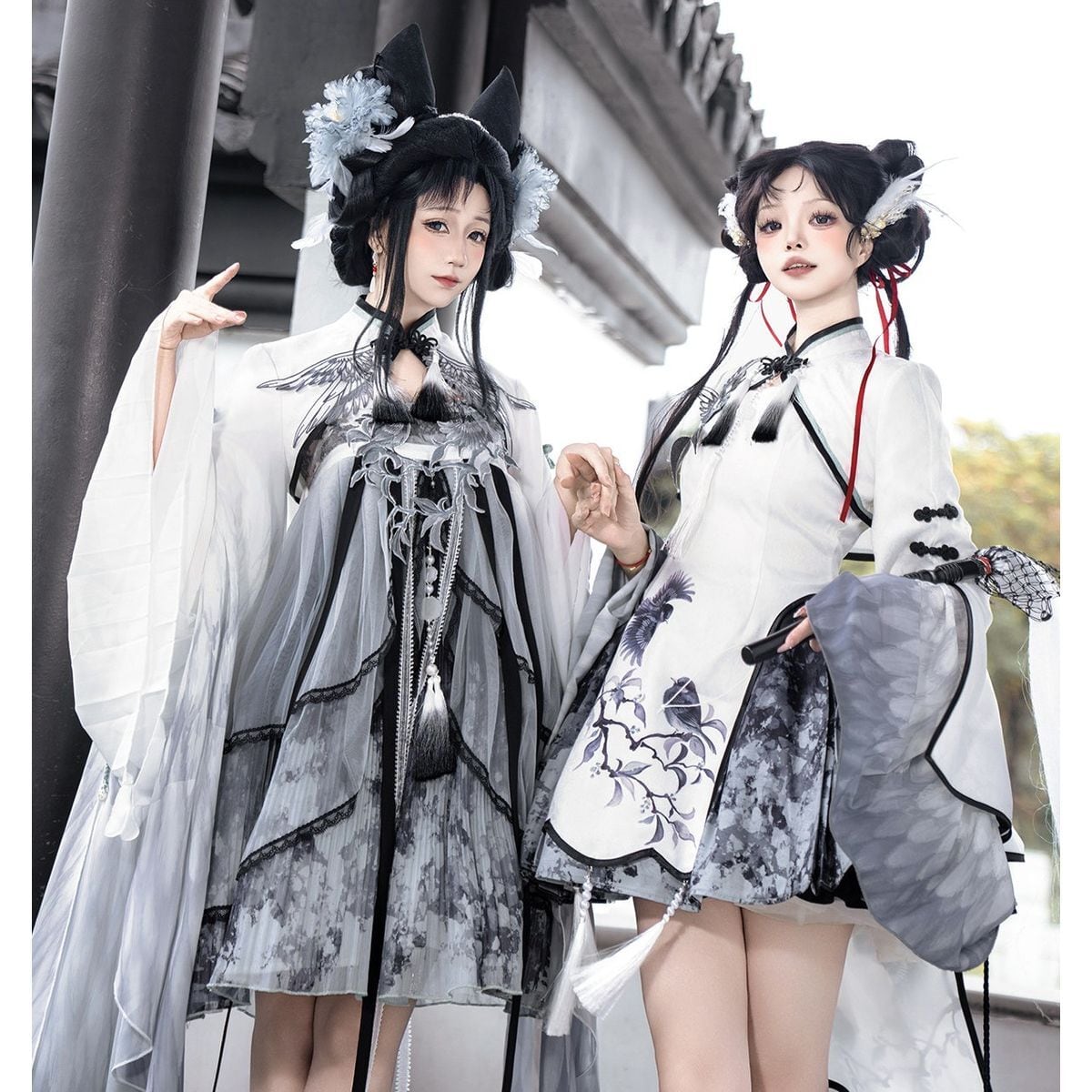 白磁に舞う墨花・振袖チャイナセットアップ：Ver.C | Maiden's Rêve