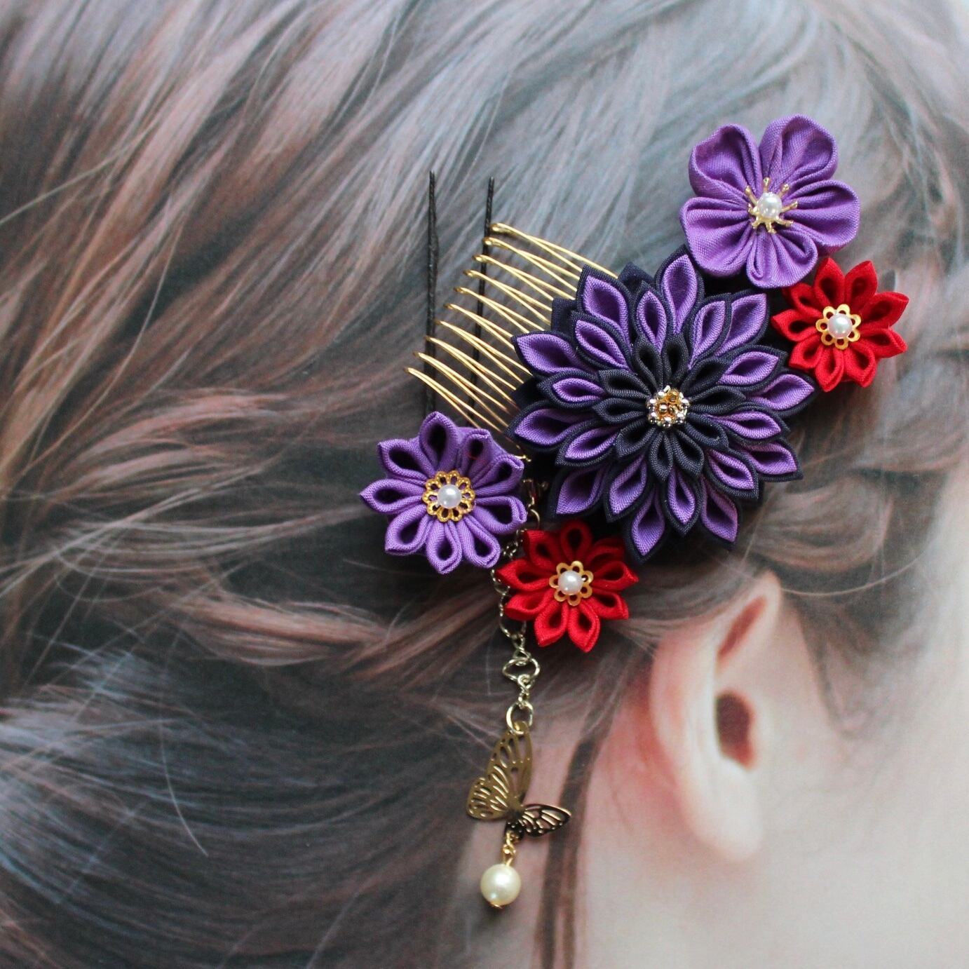 髪飾り 紫と赤セット｜つまみ細工｜K31