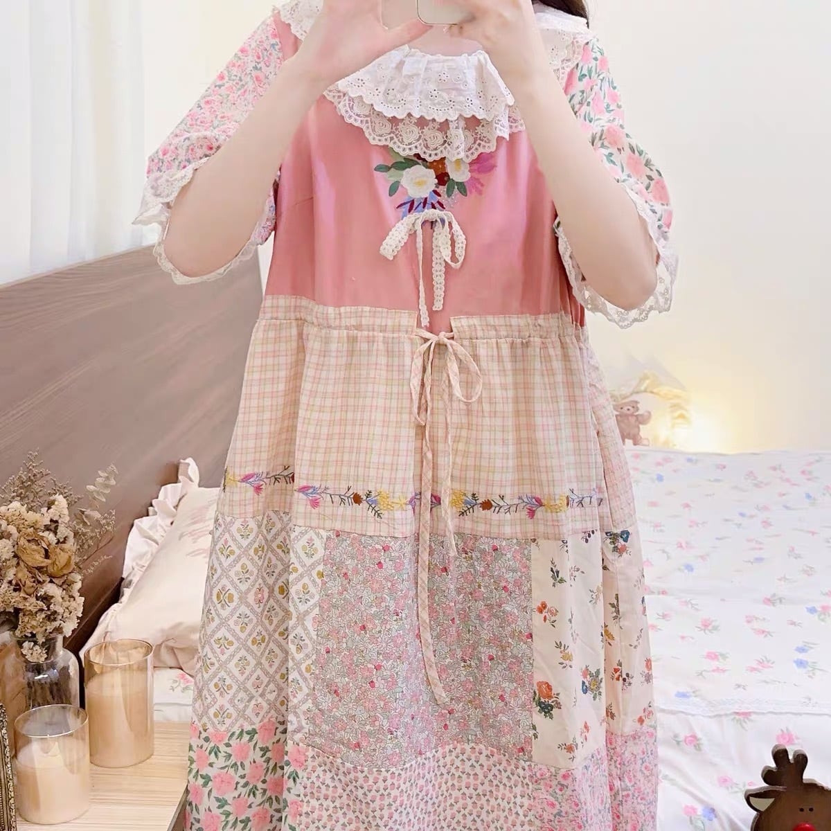 ワンダフルワールド 花柄 パッチワーク エプロンワンピース ドレス  