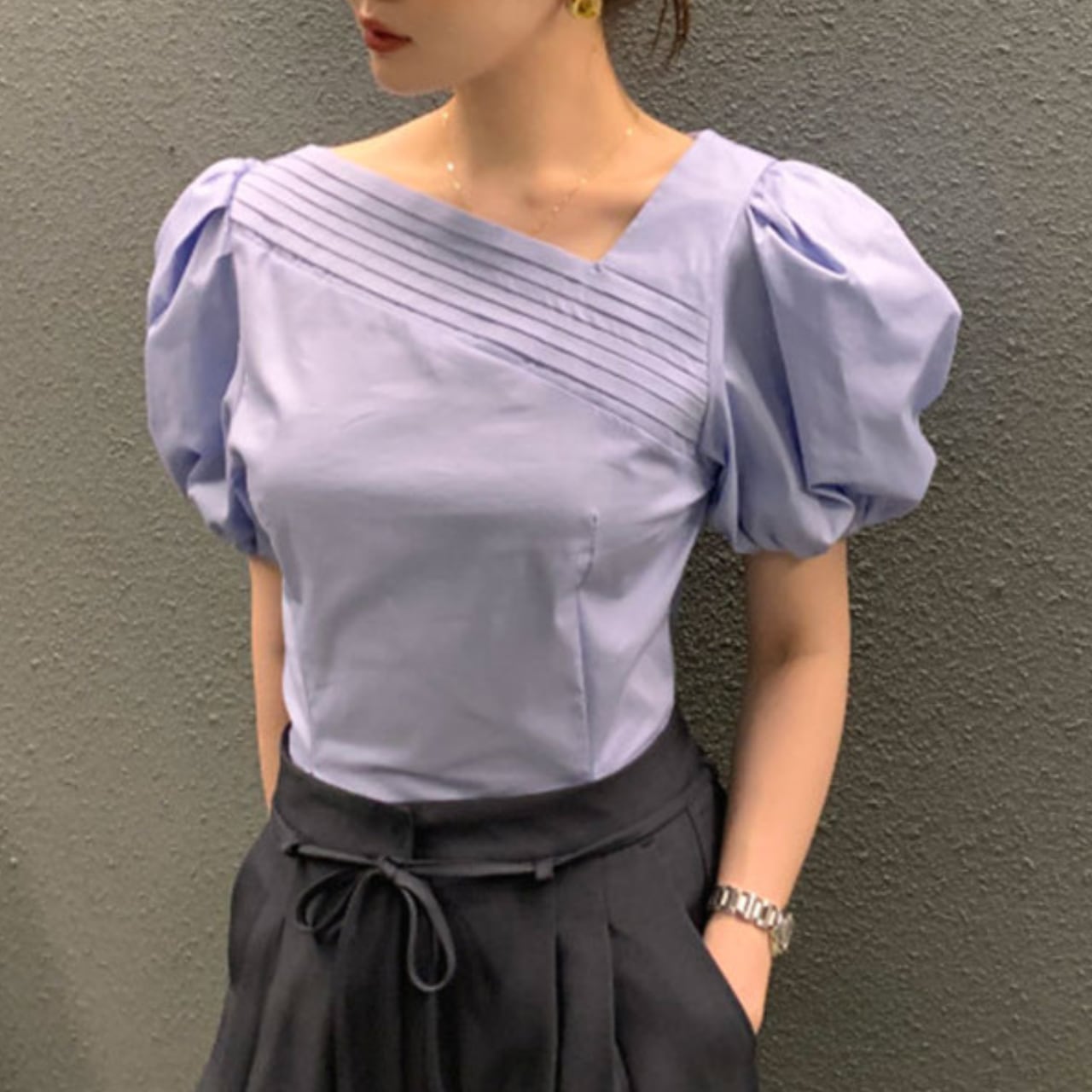 Diagonal neck design blouse in 4 colors S1386