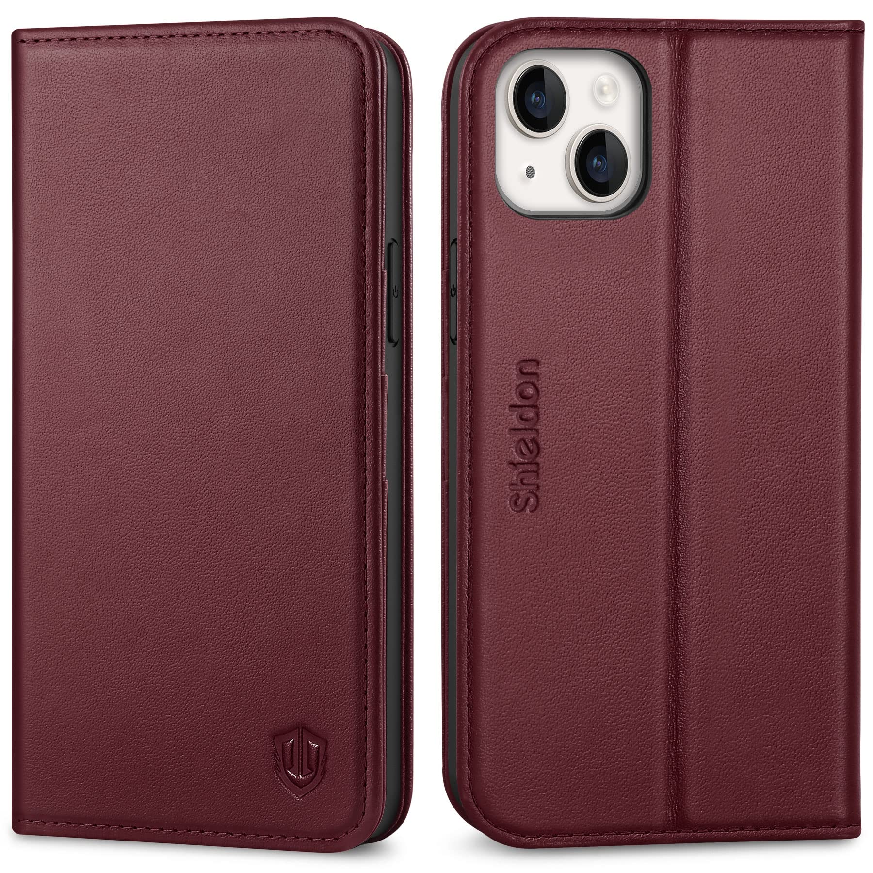 SHIELDON iPhone14 Plus 対応 ケース 手帳型 本革レザー 2022年発売 6.7インチ 5G ワインレッド