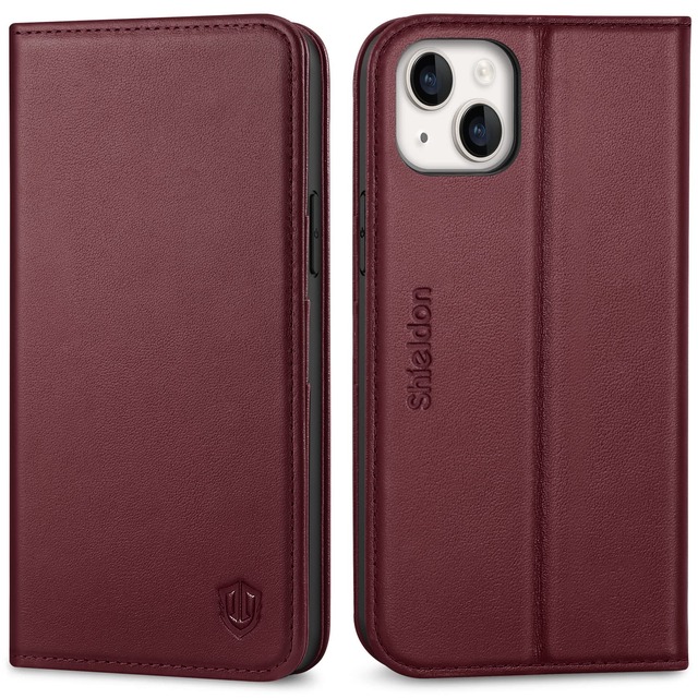 SHIELDON iPhone14 Plus 対応 ケース 手帳型 本革レザー 2022年発売 6.7インチ 5G ワインレッド