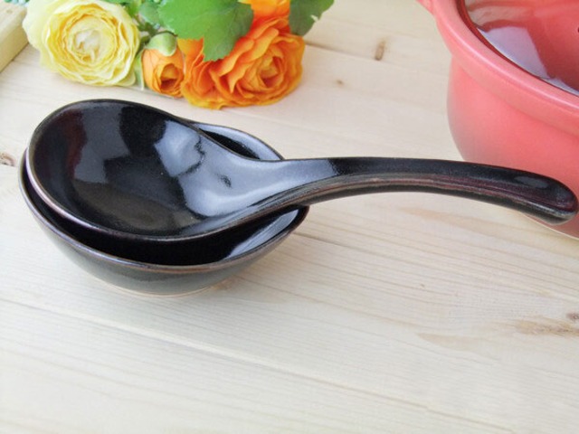 柚子天目　大きなレンゲ 受け台付 萬古焼