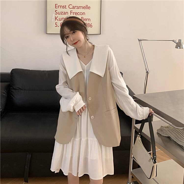 ドールスカート女性2020年初秋ルーズVネックAラインドレス+ファッションコントラストカラーラペルベストインの新バージョン クレセントシティ34232779123