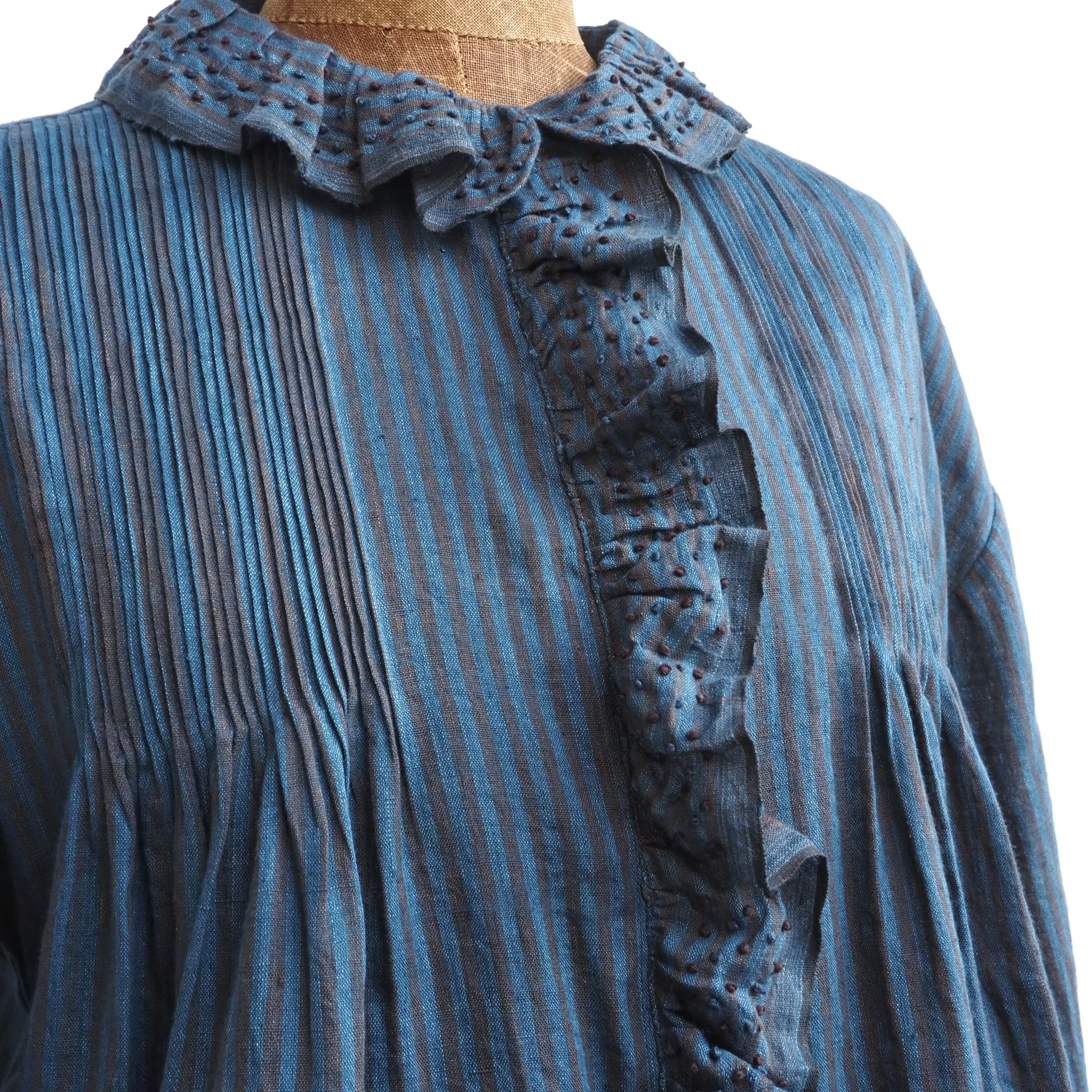 BUNON/Embroidery Frill Blouse /ブラウス(Brown×Blue strip)