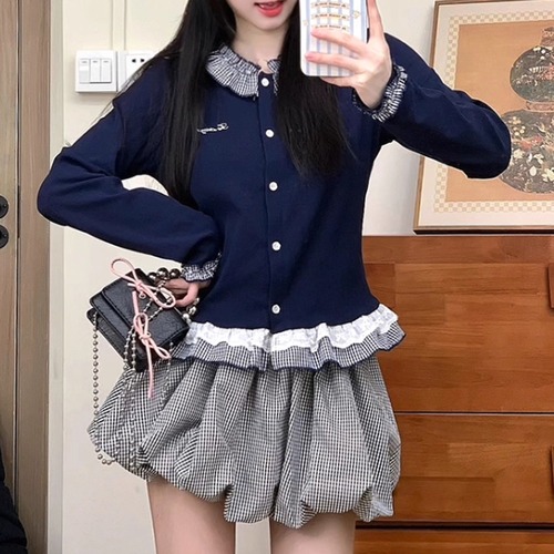 2色／チェックフリルトリムカーディガン ・71877