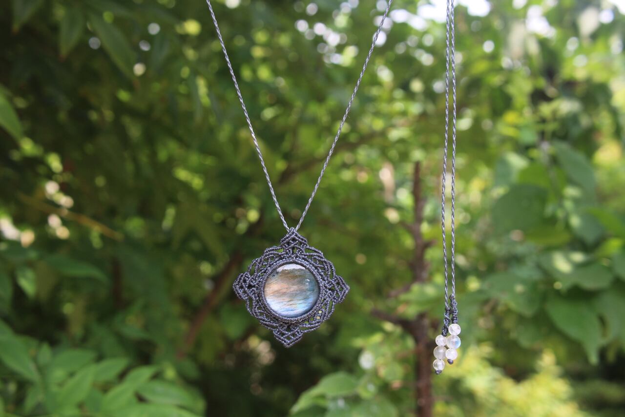 Multi color Labradorite micro macrame mandala pendant