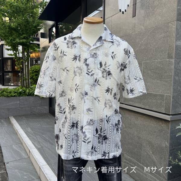 メッシュ半袖シャツ アイボリー×ホワイト フラワー×むら染め 開襟